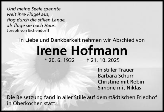Traueranzeige von Irene Hofmann von Schwäbische Post