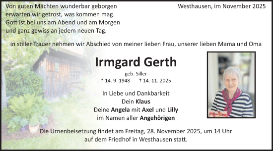 Traueranzeige von Irmgard Gerth von Schwäbische Post