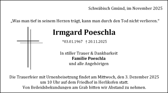 Traueranzeige von Irmgard Poeschla von Gmünder Tagespost