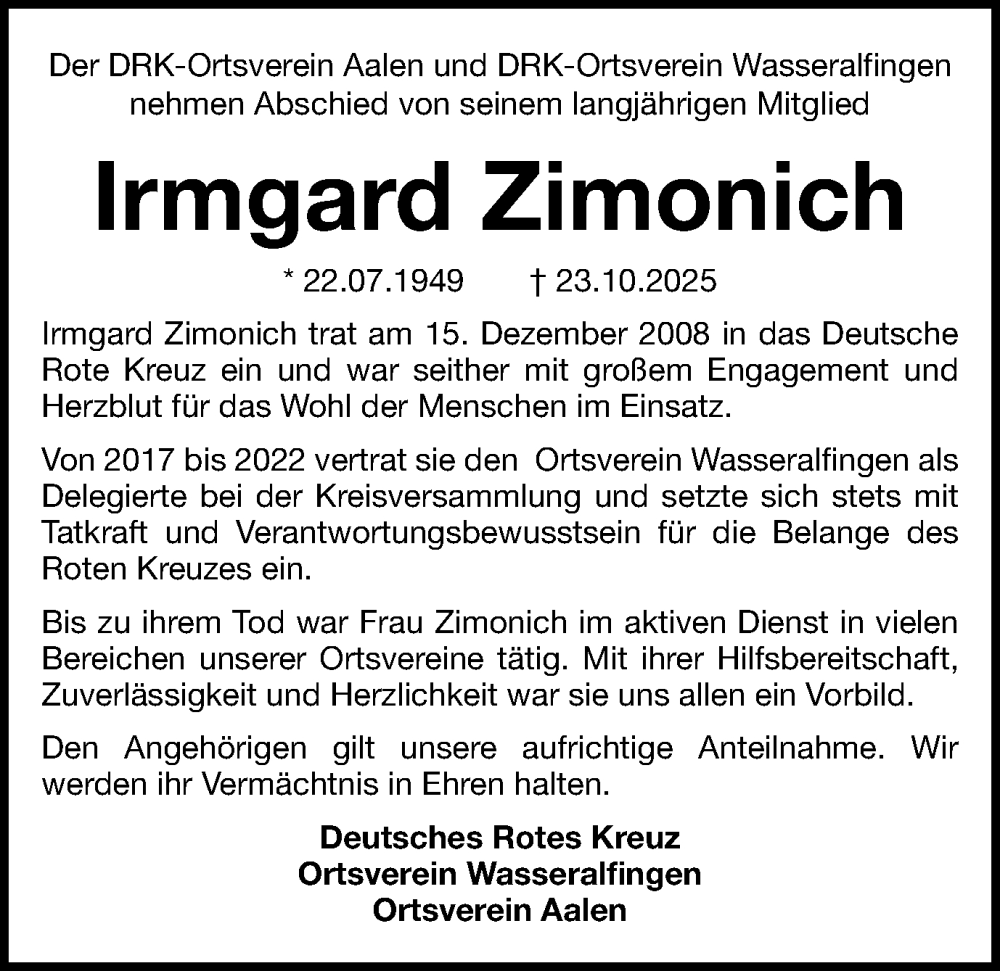  Traueranzeige für Irmgard Zimonich vom 03.11.2025 aus Schwäbische Post