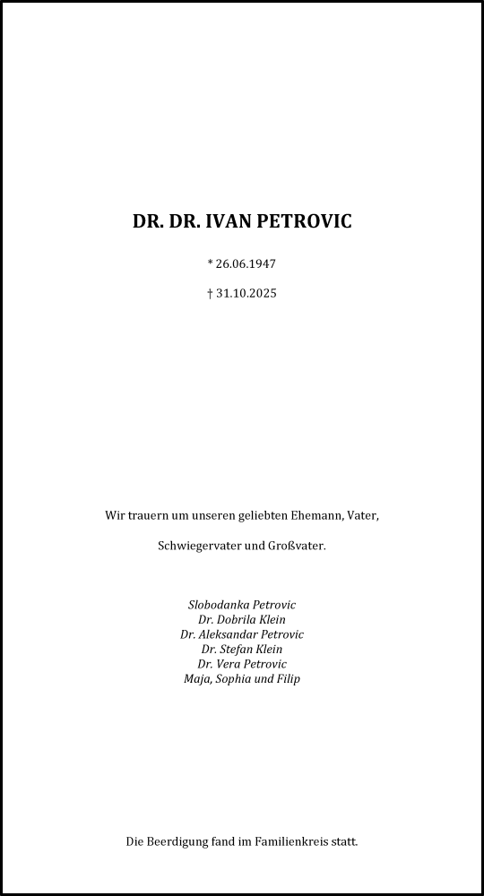 Traueranzeige von Ivan Petrovic von Schwäbische Post