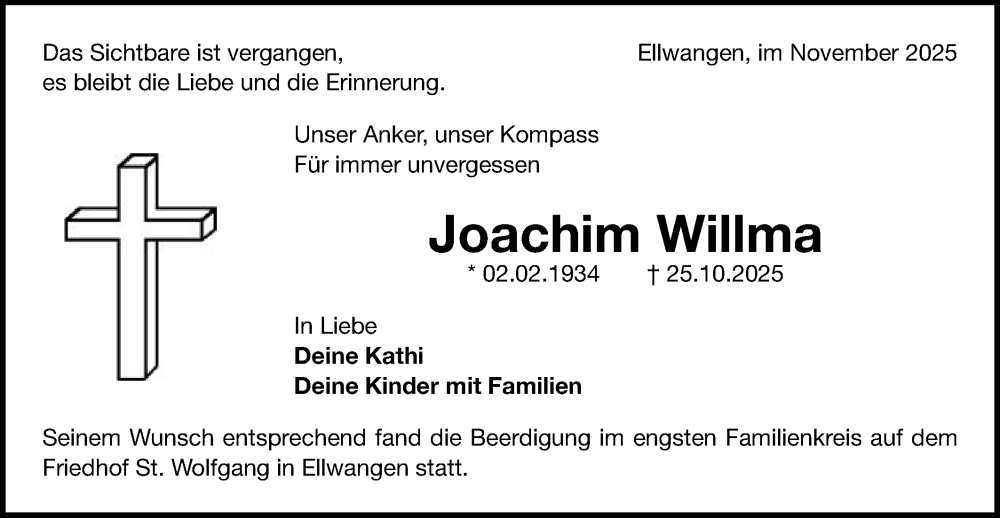  Traueranzeige für Joachim Willma vom 08.11.2025 aus Schwäbische Post