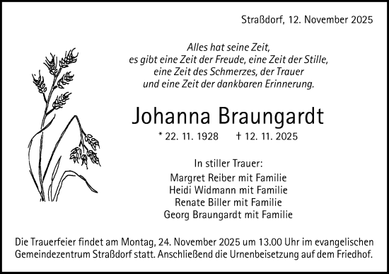 Traueranzeige von Johanna Braungardt von Gmünder Tagespost