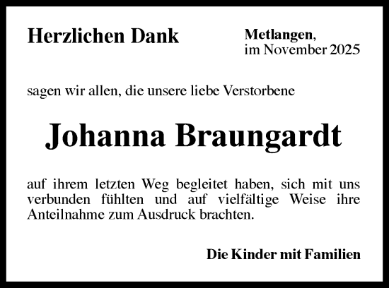 Traueranzeige von Johanna Braungardt von Gmünder Tagespost