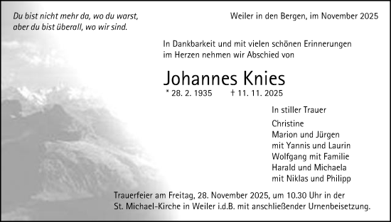 Traueranzeige von Johannes Knies von Gmünder Tagespost
