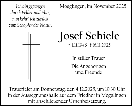 Traueranzeige von Josef Schiele von Gmünder Tagespost