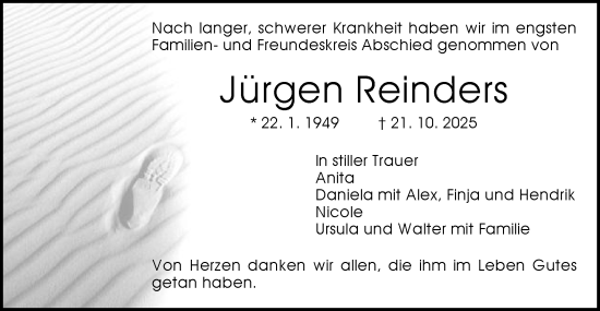 Traueranzeige von Jürgen Reinders von Gmünder Tagespost
