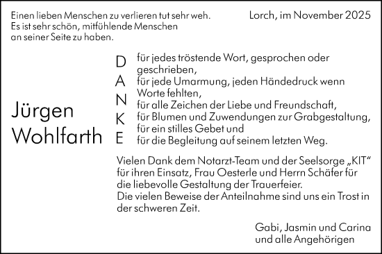 Traueranzeige von Jürgen Wohlfarth von Gmünder Tagespost