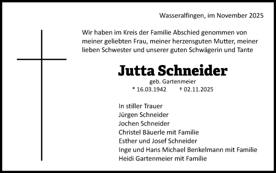 Traueranzeige von Jutta Schneider von Schwäbische Post