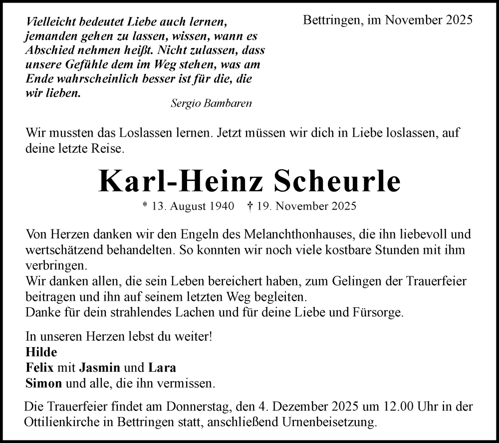  Traueranzeige für Karl-Heinz Scheurle vom 29.11.2025 aus Gmünder Tagespost