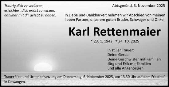 Traueranzeige von Karl Rettenmaier von Schwäbische Post