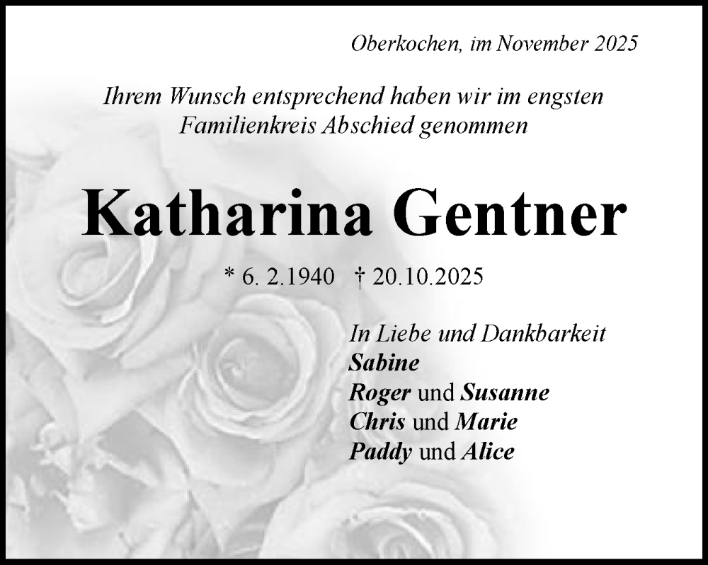  Traueranzeige für Katharina Gentner vom 07.11.2025 aus Schwäbische Post