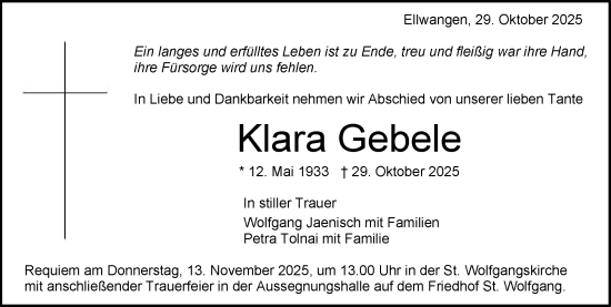 Traueranzeige von Klara Gebele von Schwäbische Post