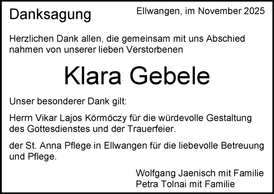 Traueranzeige von Klara Gebele von Schwäbische Post