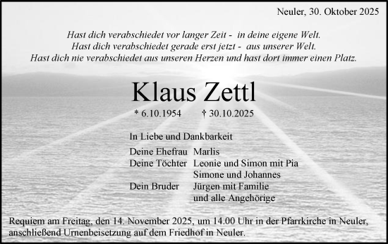 Traueranzeige von Klaus Zettl von Schwäbische Post