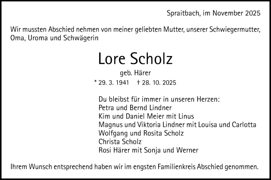 Traueranzeige von Lore Scholz von Gmünder Tagespost