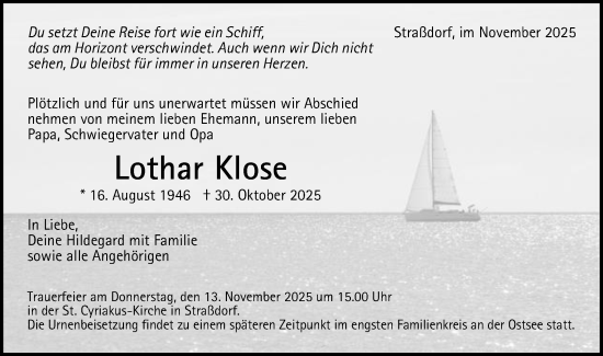 Traueranzeige von Lothar Klose von Gmünder Tagespost