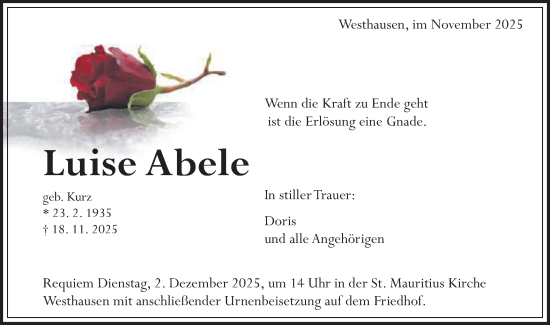 Traueranzeige von Luise Abele von Schwäbische Post