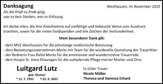 Traueranzeige von Luitgard Lutz von Schwäbische Post