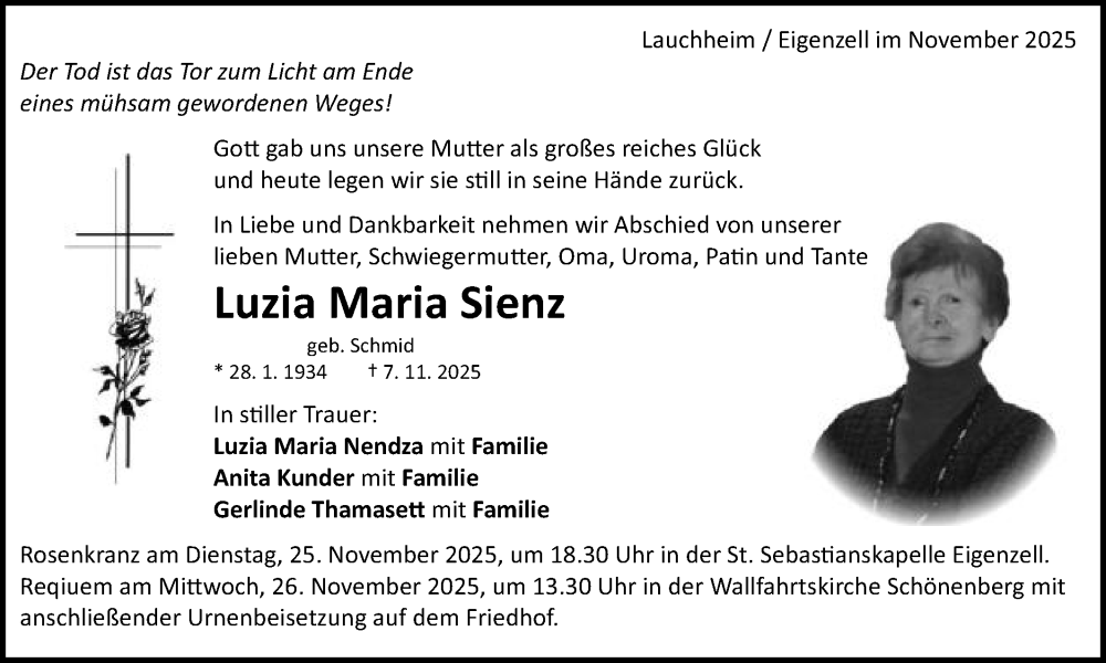  Traueranzeige für Luzia Maria Sienz vom 20.11.2025 aus Schwäbische Post