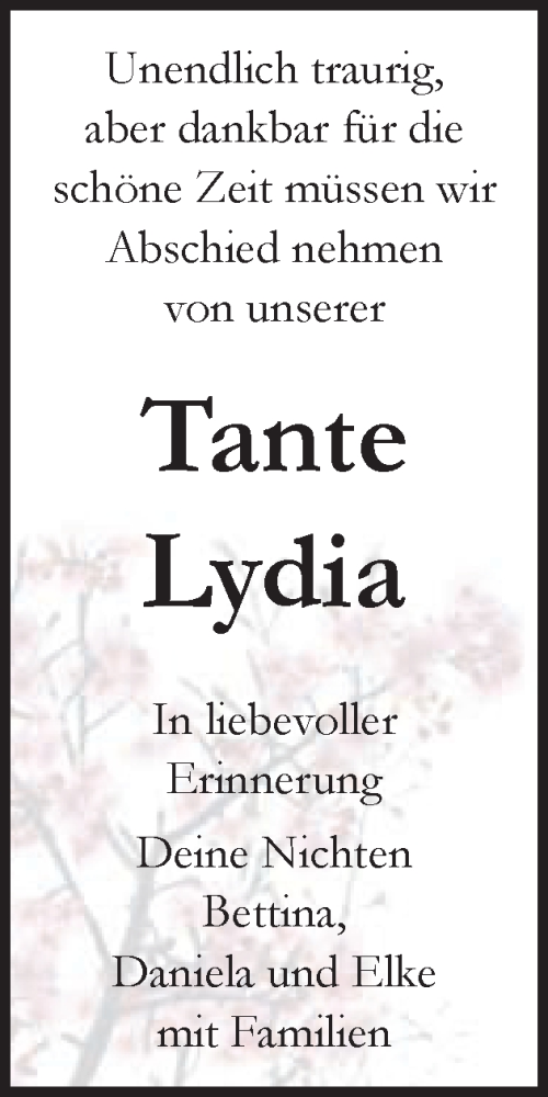 Traueranzeige von Lydia Baur von Schwäbische Post