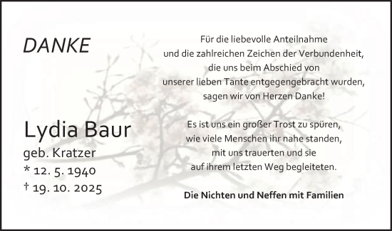Traueranzeige von Lydia Baur von Schwäbische Post