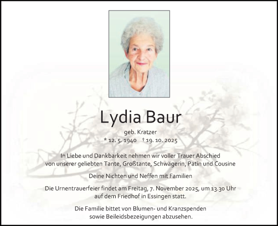 Traueranzeige von Lydia Baur von Schwäbische Post