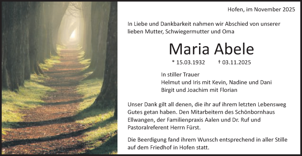  Traueranzeige für Maria Abele vom 08.11.2025 aus Schwäbische Post