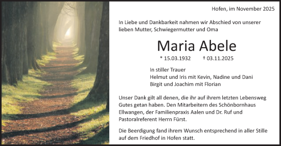 Traueranzeige von Maria Abele von Schwäbische Post