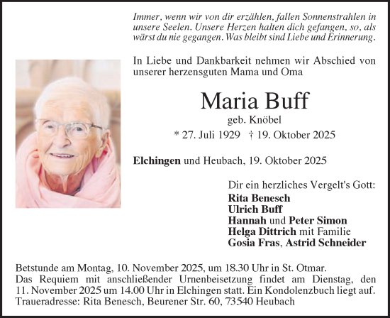 Traueranzeige von Maria Buff von Schwäbische Post