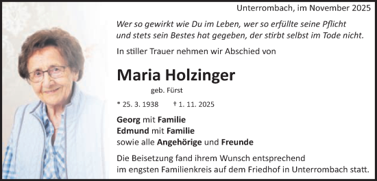 Traueranzeige von Maria Holzinger von Schwäbische Post