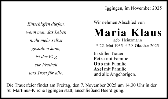 Traueranzeige von Maria Klaus von Gmünder Tagespost