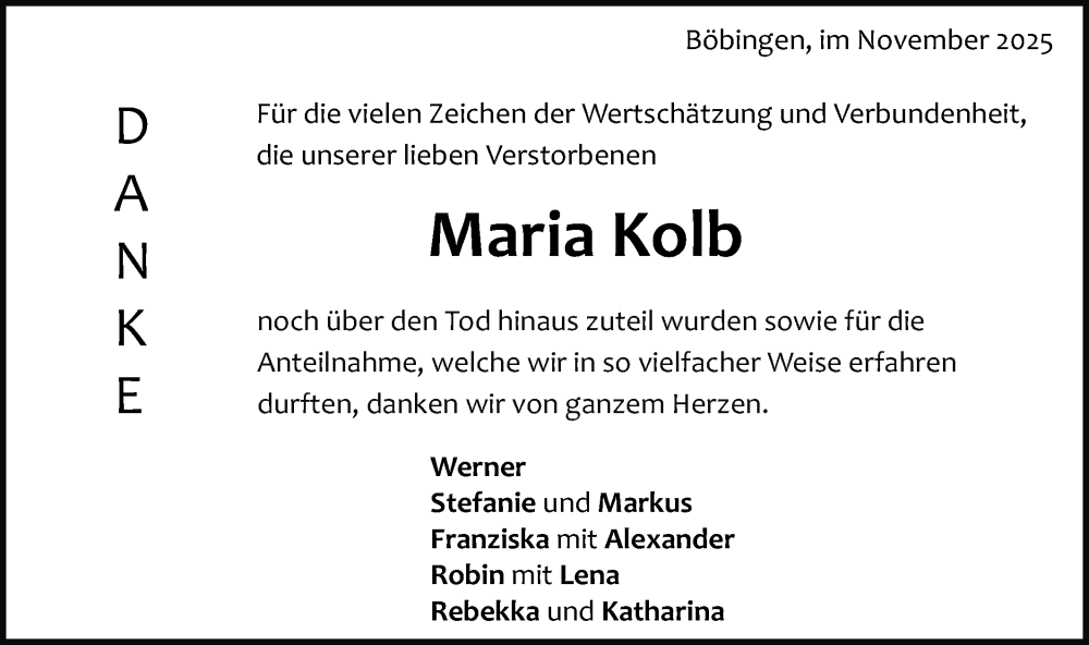  Traueranzeige für Maria Kolb vom 22.11.2025 aus Gmünder Tagespost