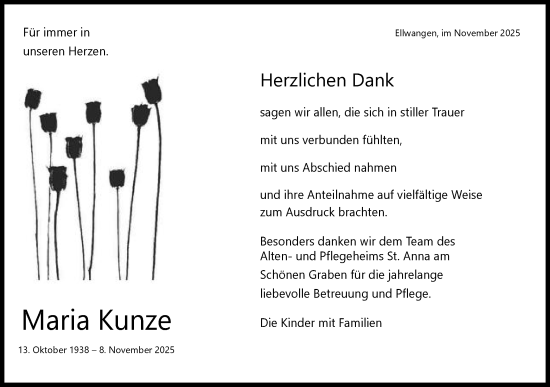 Traueranzeige von Maria Kunze von Schwäbische Post