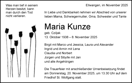 Traueranzeige von Maria Kunze von Schwäbische Post
