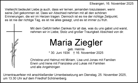 Traueranzeige von Maria Ziegler von Schwäbische Post