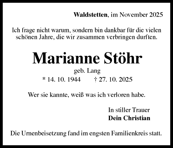 Traueranzeige von Marianne Stöhr von Gmünder Tagespost