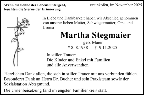 Traueranzeige von Martha Stegmaier von Gmünder Tagespost
