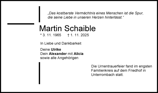 Traueranzeige von Martin Schaible von Schwäbische Post