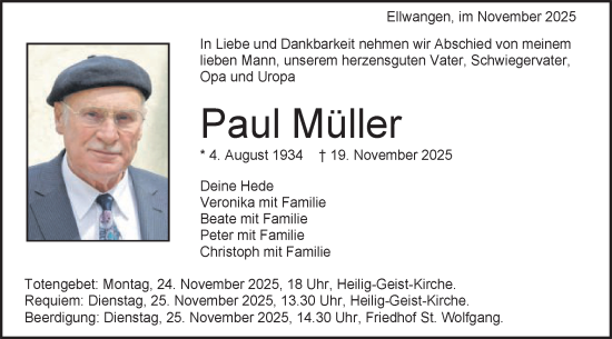 Traueranzeige von Paul Müller von Schwäbische Post