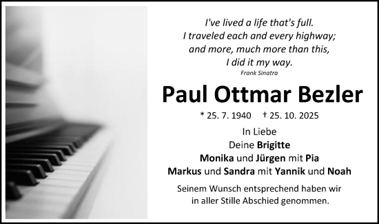 Traueranzeige von Paul Ottmar Bezler von Schwäbische Post