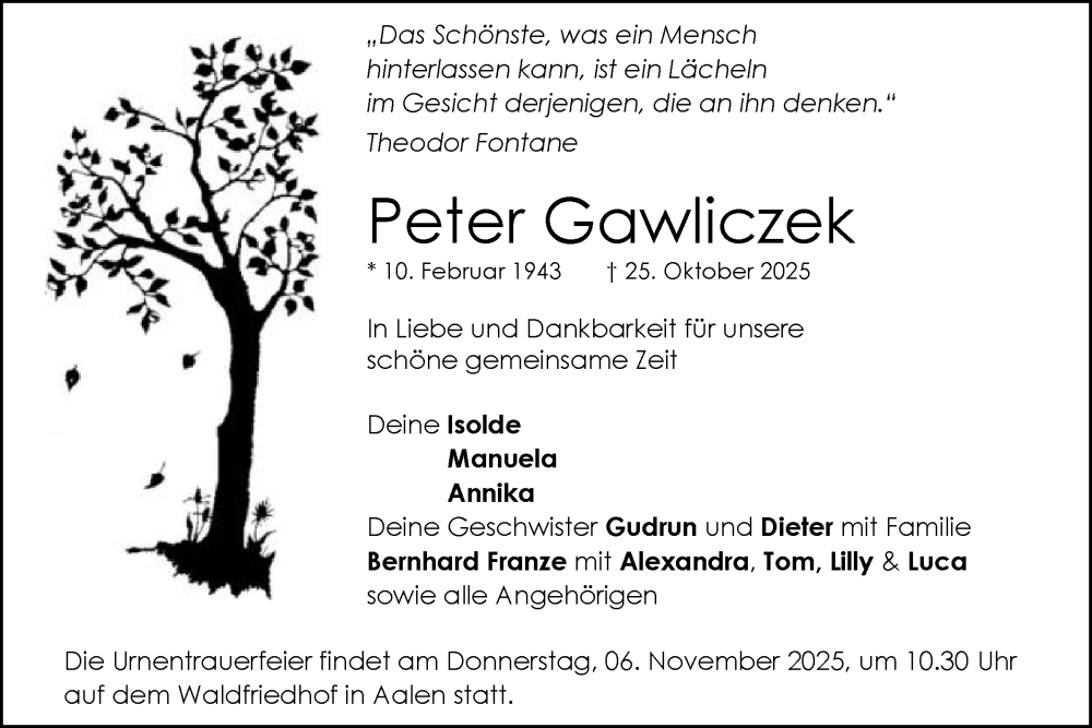  Traueranzeige für Peter Gawliczek vom 03.11.2025 aus Schwäbische Post