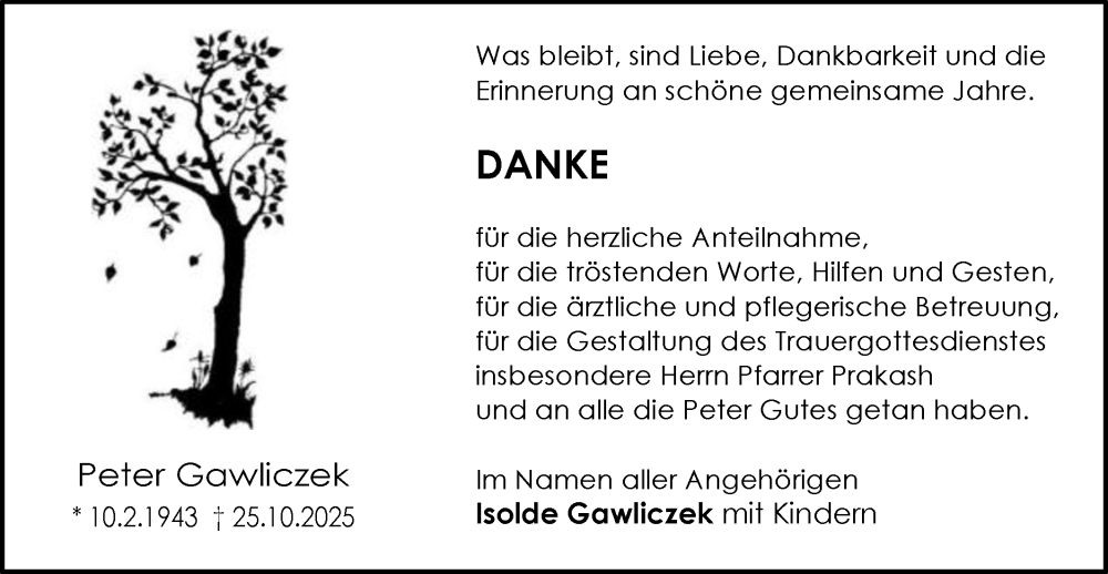  Traueranzeige für Peter Gawliczek vom 15.11.2025 aus Schwäbische Post