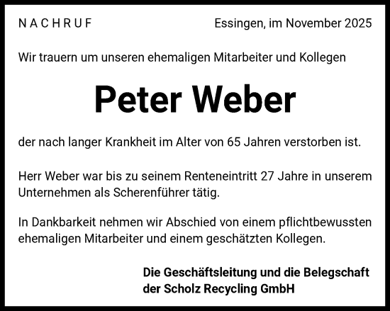 Traueranzeige von Peter Weber von Schwäbische Post
