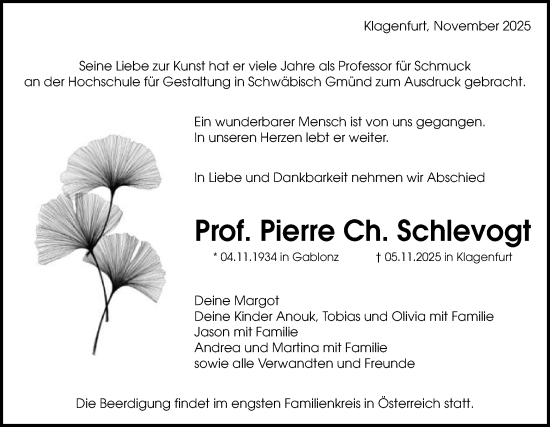 Traueranzeige von Pierre Ch. Schlevogt von Gmünder Tagespost