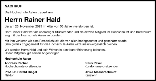 Traueranzeige von Rainer Hald von Schwäbische Post