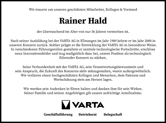 Traueranzeige von Rainer Hald von Schwäbische Post