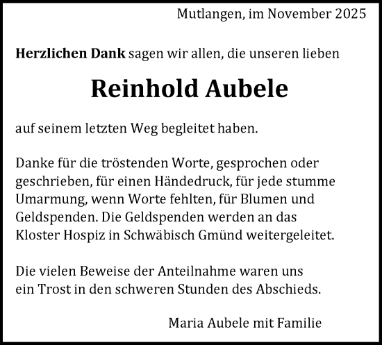 Traueranzeige von Reinhold Aubele von Gmünder Tagespost