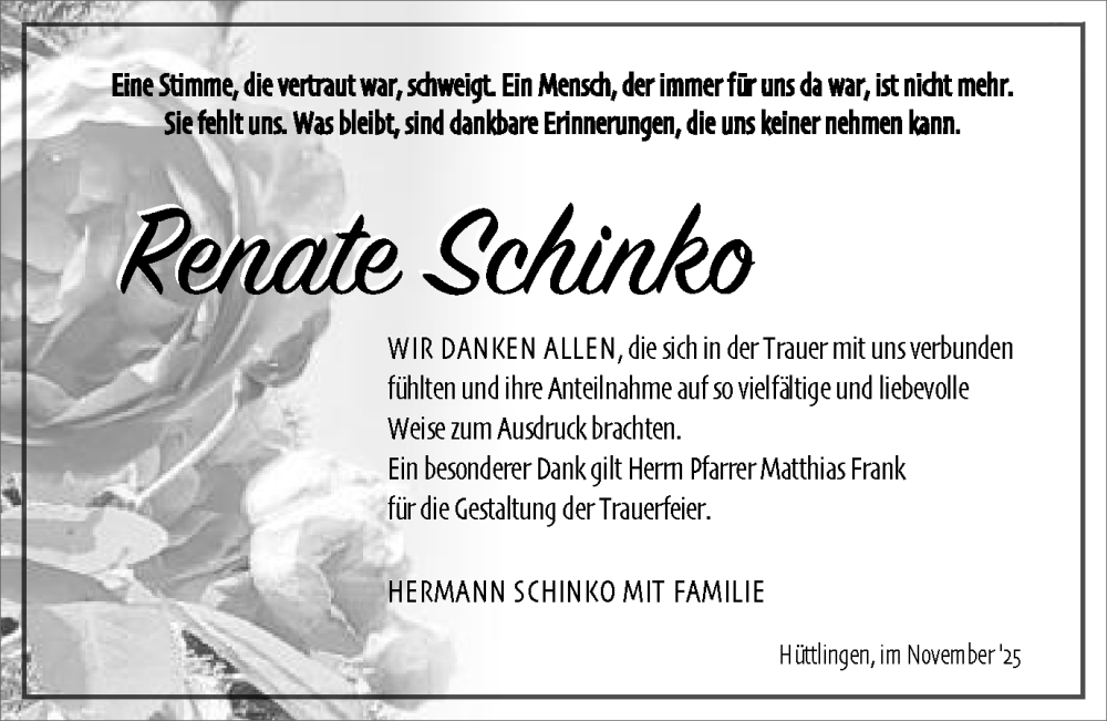  Traueranzeige für Renate Schinko vom 15.11.2025 aus Schwäbische Post