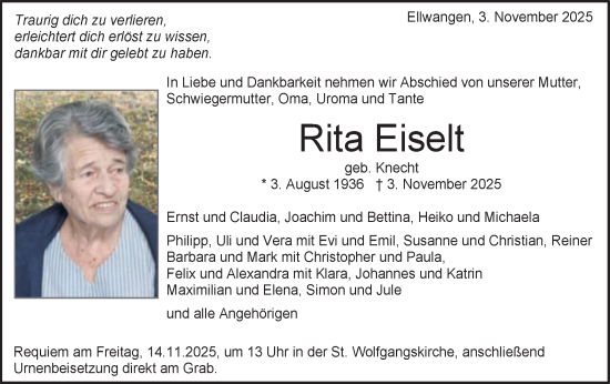 Traueranzeige von Rita Eiselt von Schwäbische Post